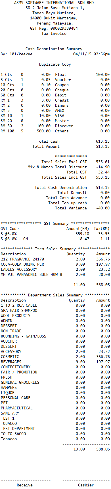 Counter report and receipt format : ARMS Software International Helpdesk